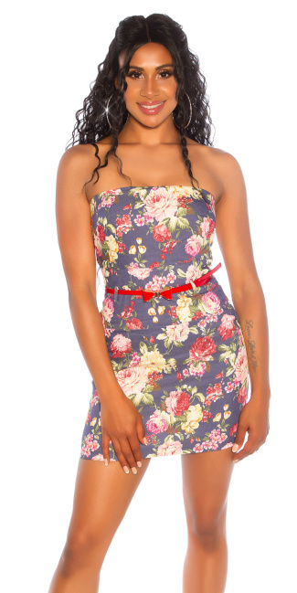 bandeau-mini jurkje met bloemen-print en riem blauw